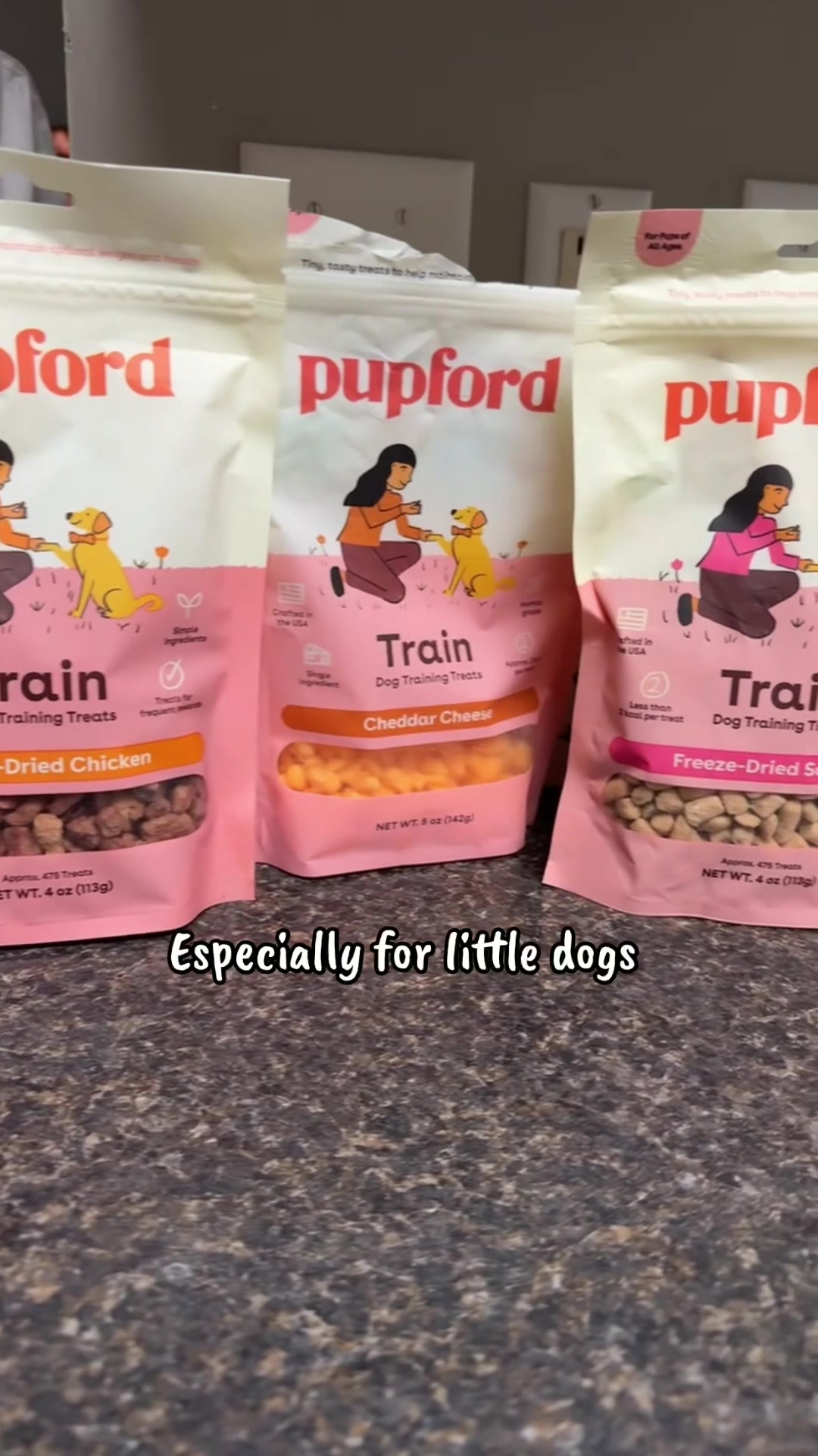 TikTok post by @finleyandjosie for Pupford. Caption reads: @Pupford the prefect size dog treats!! #dog.