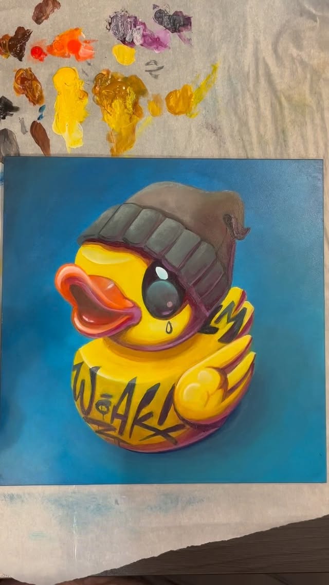 Instagram post by @kevs860 for Trekell Art Supplies. Caption reads: Little #acrylicpainting of a duck I made my love....