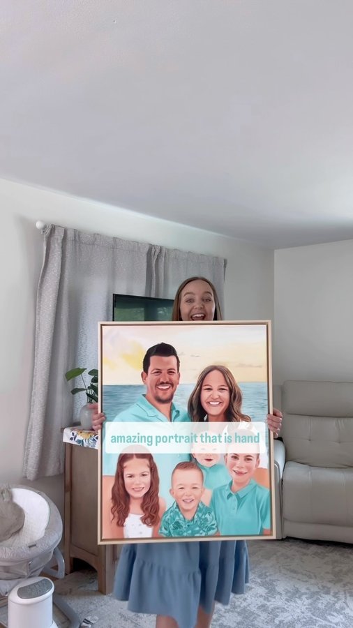 Instagram post by @rebekahsfamily for PaintYourLife. Caption reads: Oh happy day!! 🥳 Our hand painted portrait....