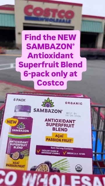 Instagram post by @costco.so.obsessed for SAMBAZON. Caption reads: Find the NEW SAMBAZON® Antioxidant Superfruit....