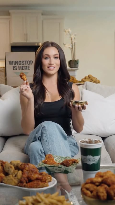 Instagram post by @abbysummerss for Wingstop. Caption reads: gameday with Abby: the girlies, lemon pepper,....