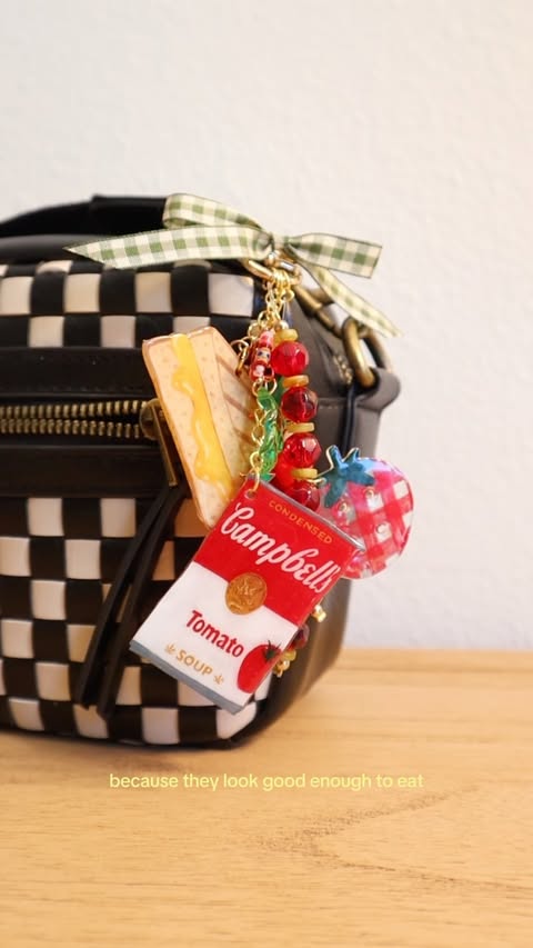 Instagram post by @tinalemac for Campbell's. Caption reads: [...] bag charms inspired by the iconic @campbells....