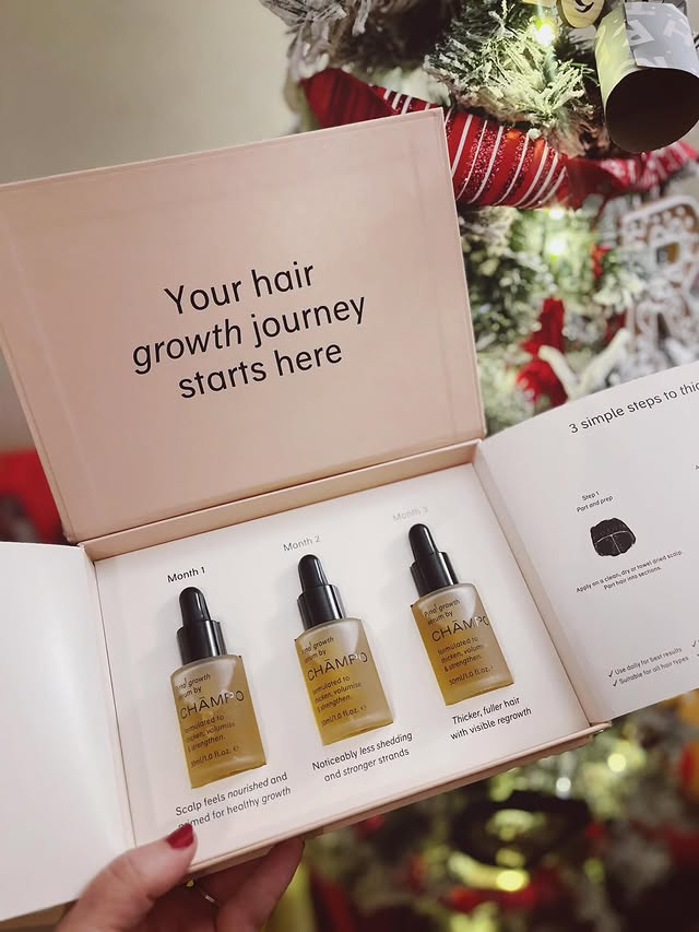 Instagram post by @kirstyandhercrew for Chāmpo Haircare. Caption reads: Starting my little @champohaircare hair growth....