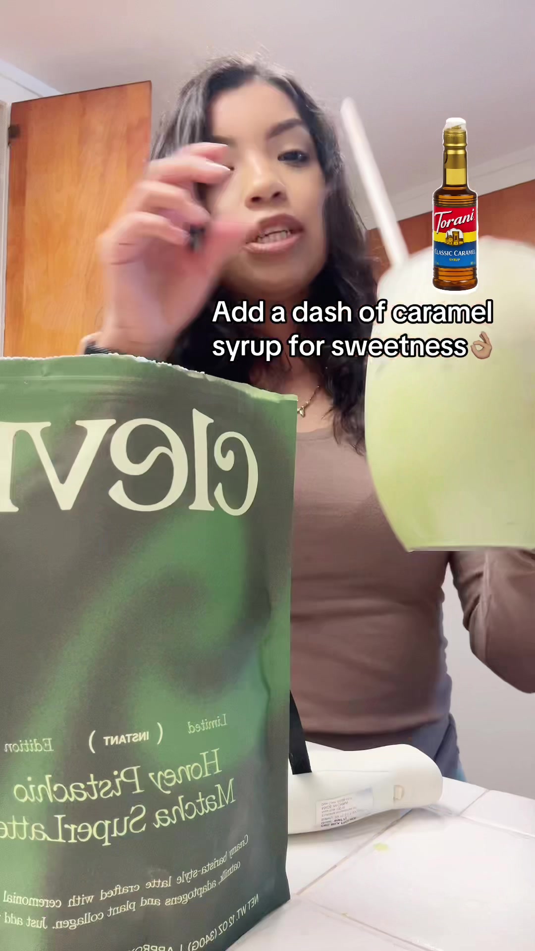 TikTok post by @olgajay07 for Clevr Blends. Caption reads: The best at home matcha @Clevr 🍵✨ (Click on the....