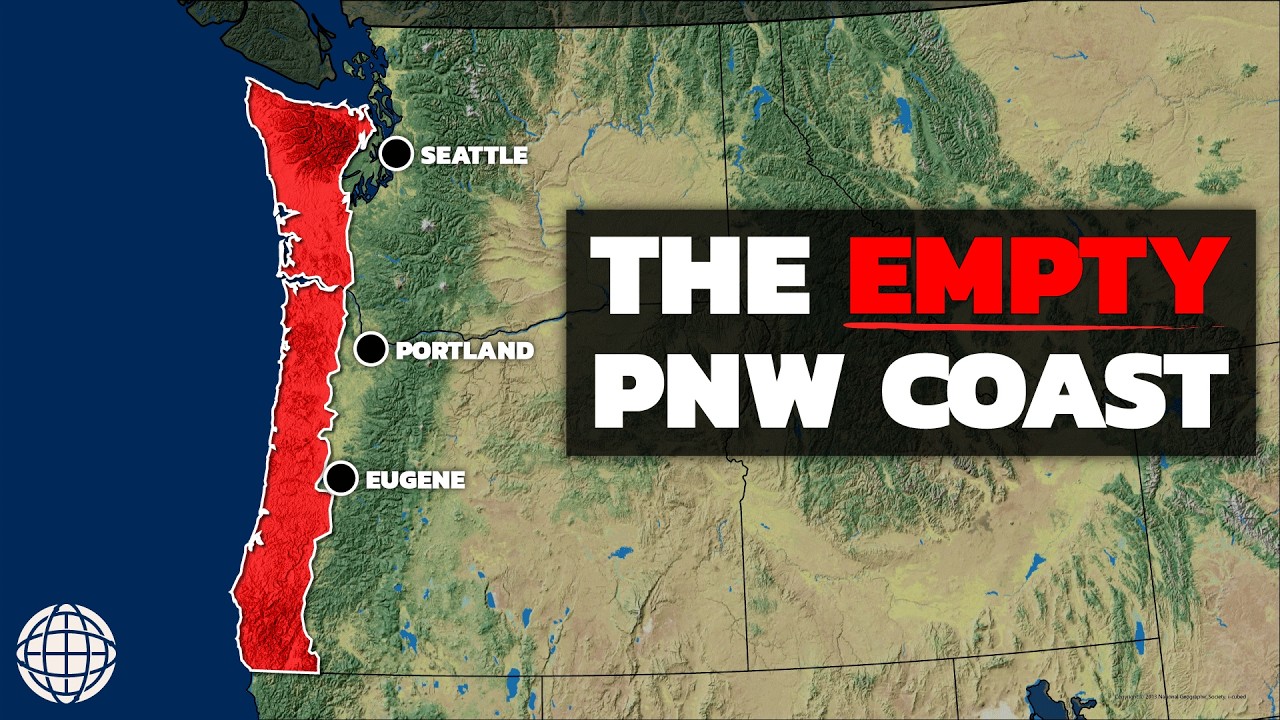 YouTube post by @GeographyByGeoff for Envato. Caption reads: Why The Pacific Northwest Coast Has No Major....