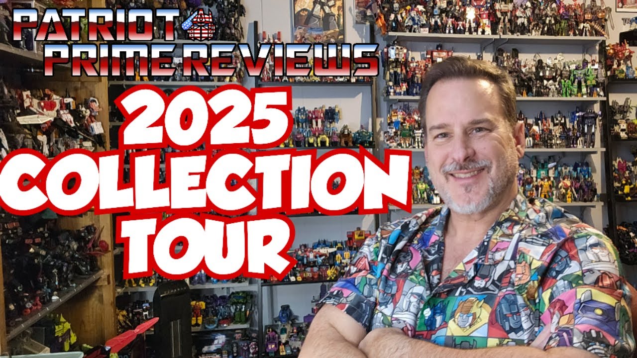 YouTube post by @PatriotPrimeReviews for Entertainment Earth. Caption reads: Patriot Prime Reviews 2025 Transformers Collection....