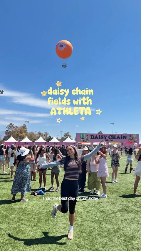 Instagram post by @myarosemiller_ for ATHLETA. Caption reads: [...] artists live at @daisychainfields with....
