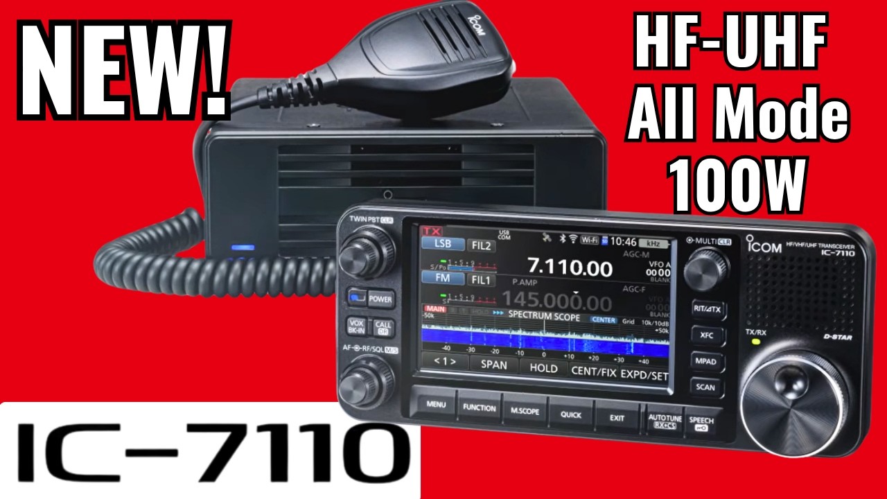 YouTube post by @HamRadioDX for LiTime. Caption reads: The NEW Icom IC-7110 (HF-UHF 100W All Mode).