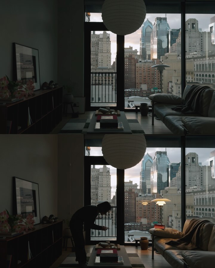 Instagram post by @alice_gao for Louis Poulsen. Caption reads: evening ambiance with a side of timeless design....