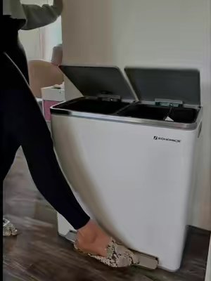 TikTok post by @realtalkcaitlin for Songmics. Caption reads: [...] an aesthetic double sided trash can 🤣....