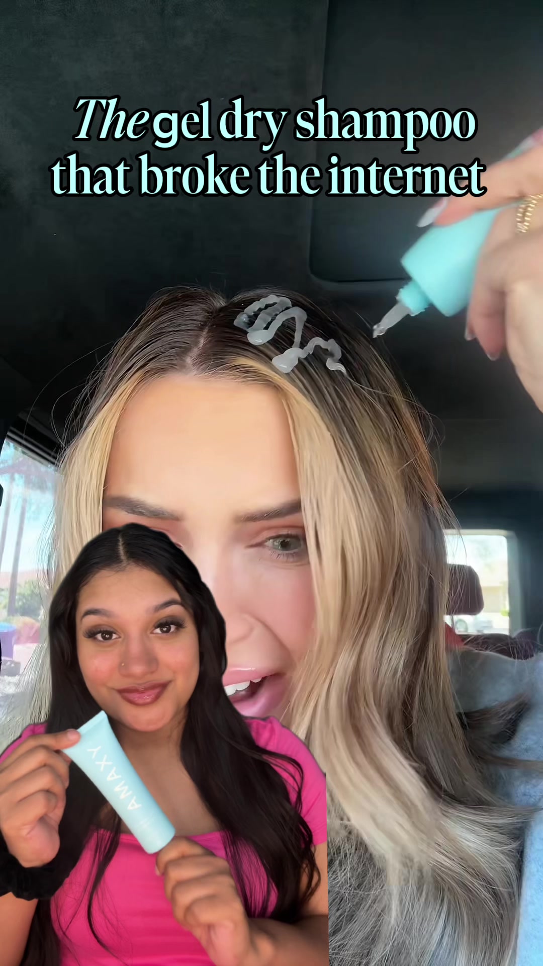 TikTok post by @ana_azua for AMAXY Beauty. Caption reads: When I say Amaxy gel dry shampoo changed the game…....