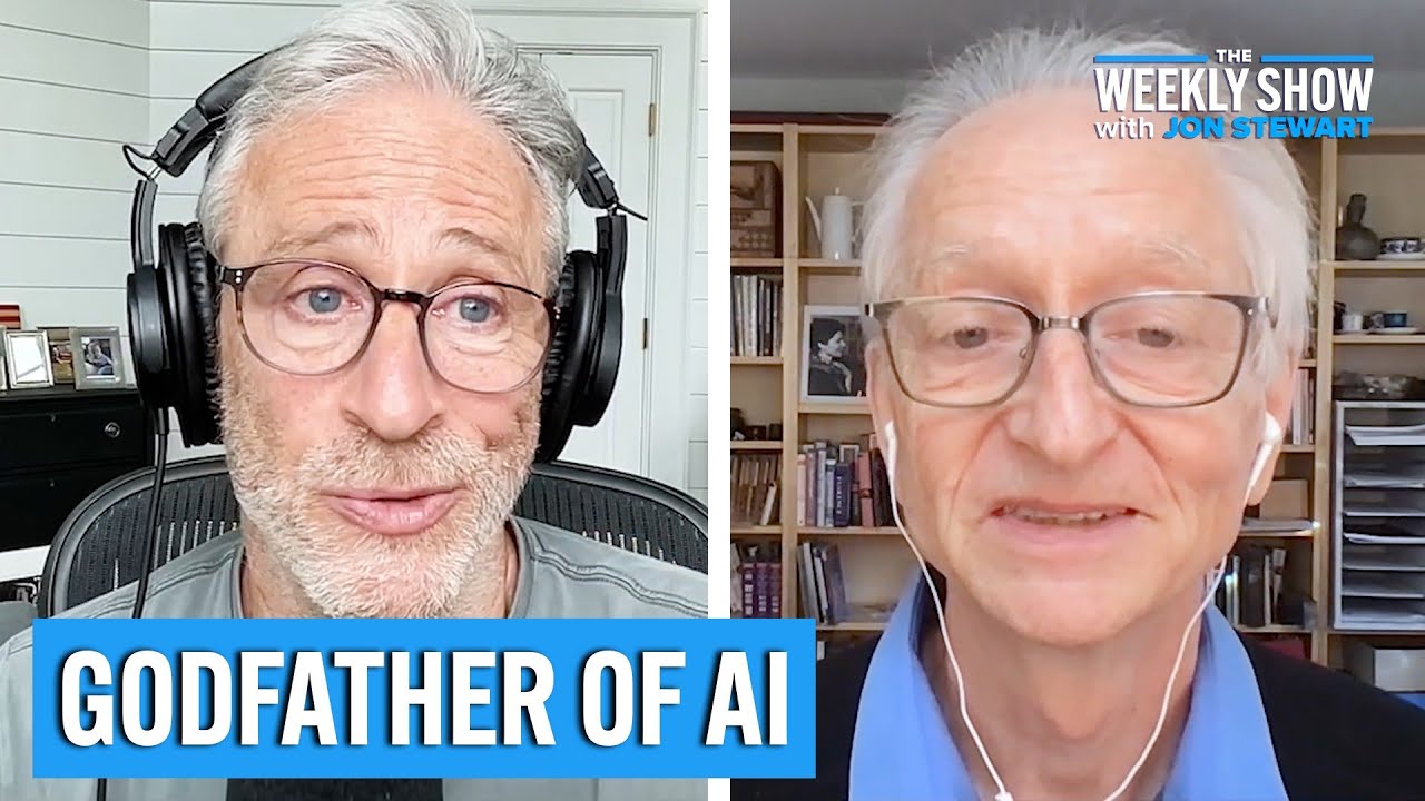 YouTube post by @WeeklyShowPodcast for Indeed. Caption reads: AI: What Could Go Wrong? with Geoffrey Hinton |....