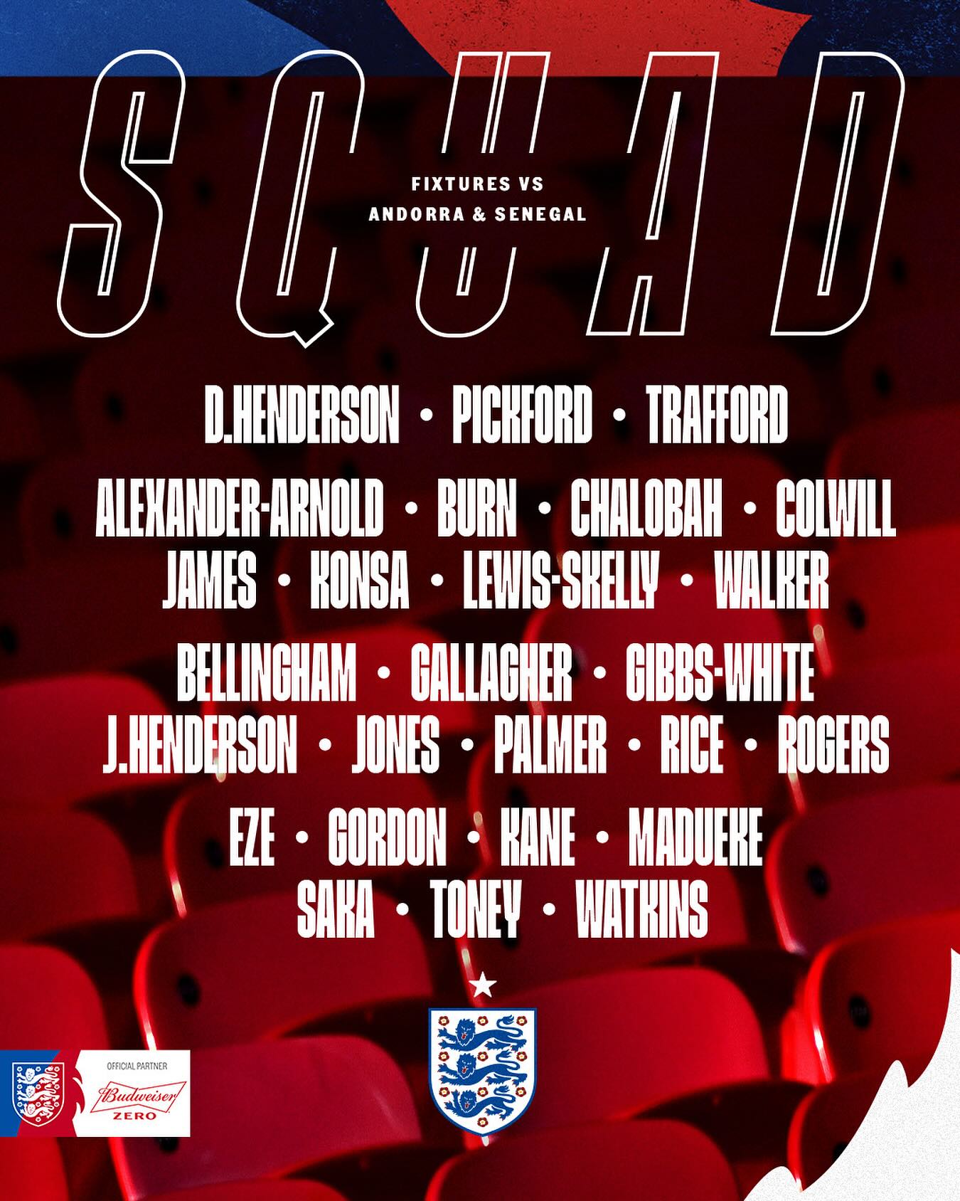 Instagram post by @england for Budweiser. Caption reads: Thomas Tuchel’s #ThreeLions squad for June is....
