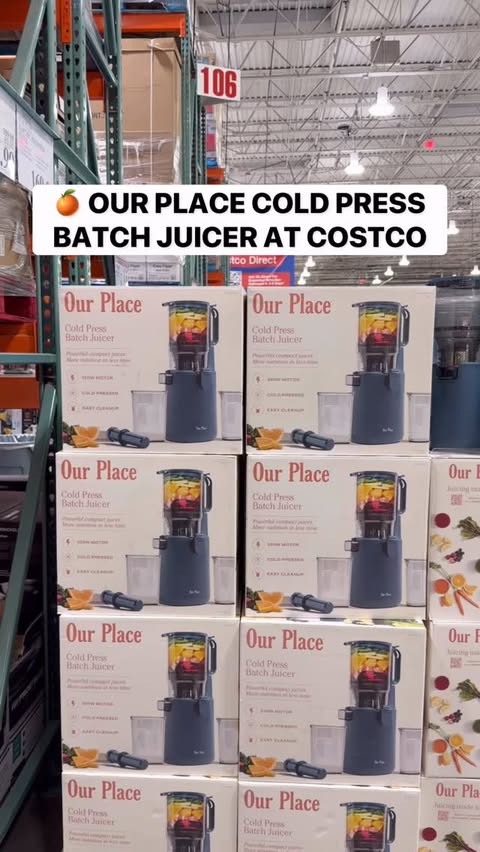 Instagram post by @costcobuys for Our Place. Caption reads: 🧃 The Our Place Cold Press Batch Juicer is at....