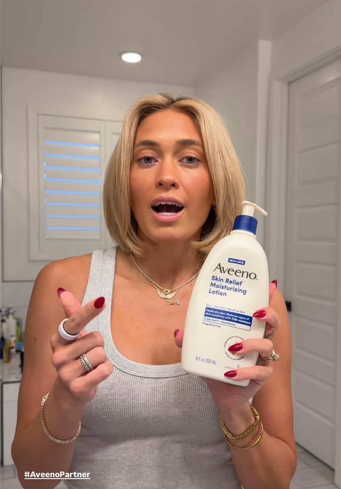 TikTok post by @torihalford for Aveeno. Caption reads: #AveenoPartner Aveeno® is my #1 hack for keeping....