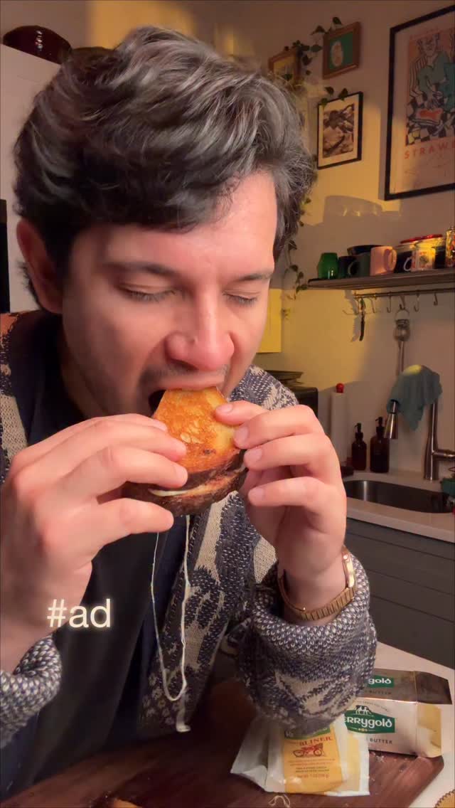 Instagram post by @theemoodyfoody for KerrygoldUSA. Caption reads: [...] coziest fall grilled cheese using....