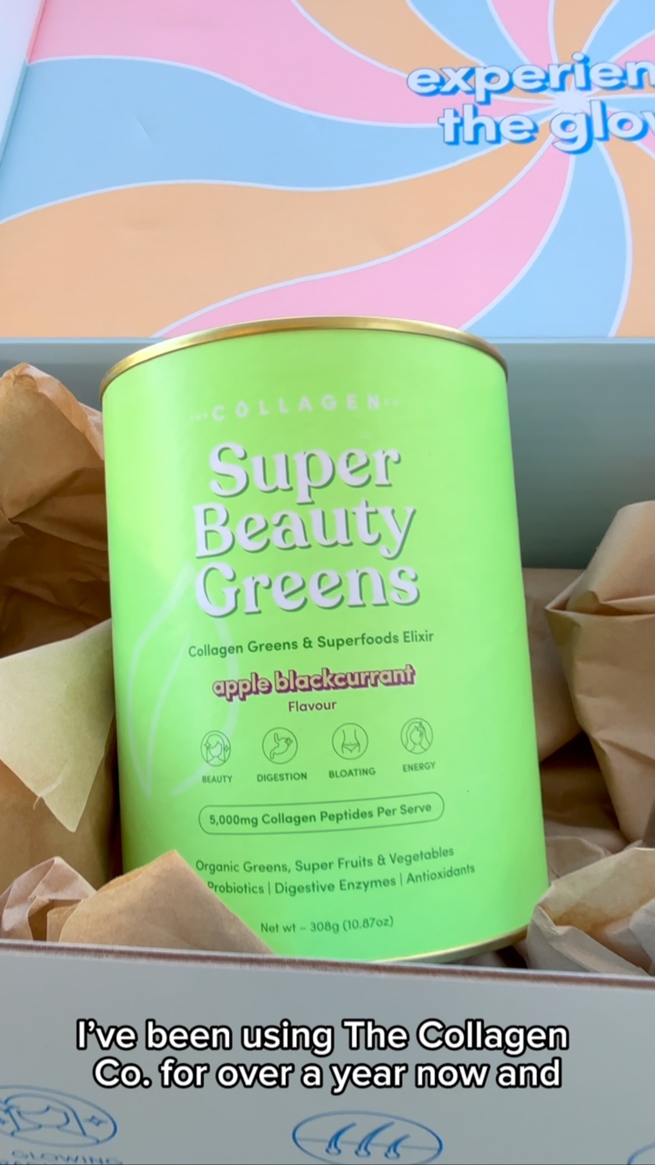 Instagram post by @thebabybossgirl for The Collagen. Caption reads: Obsessed with the Apple Blackcurrant Super Beauty....