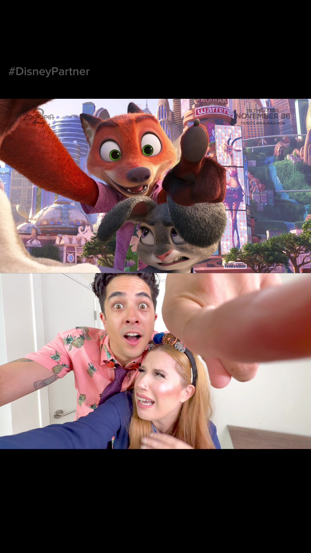 TikTok post by @realmousevibes for Disney Animation. Caption reads: Time for a ssselfie ✌🏽 #DisneyPartner Nick Wilde....