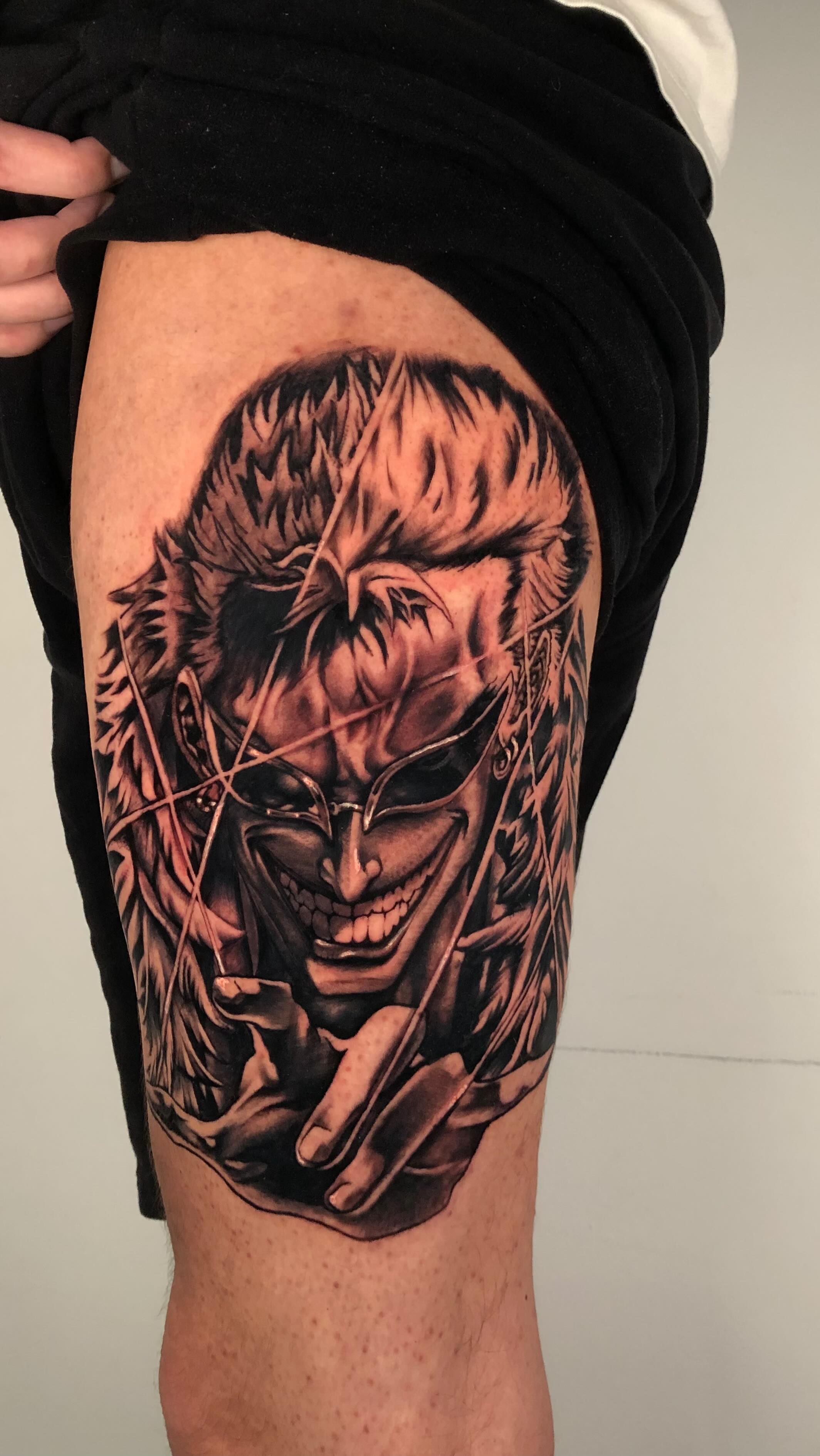 Instagram post by @animemasterink for Affirm. Caption reads: 🦩@kuma.tatts🦩 
For booking info 📲 Text....