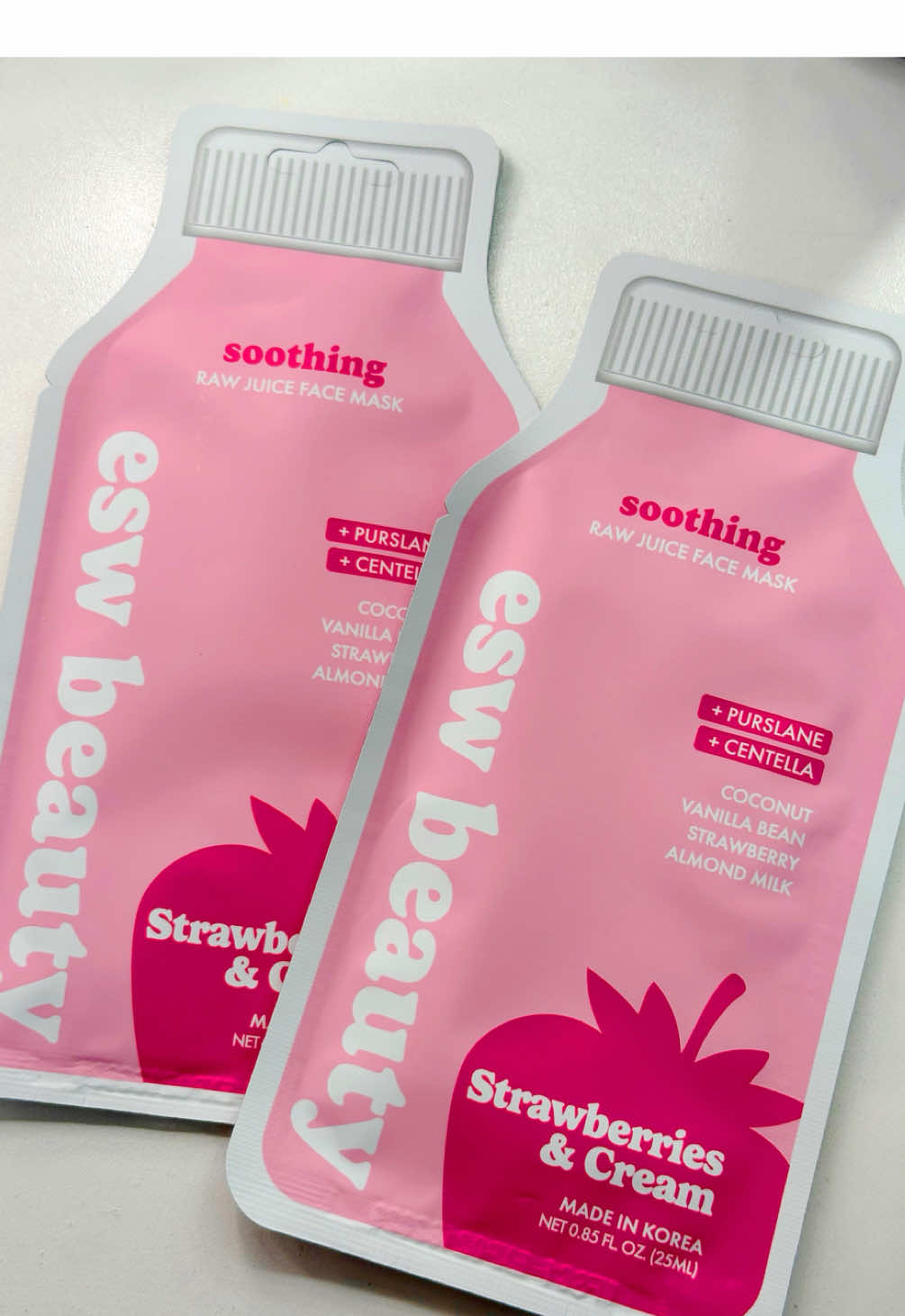TikTok post by @kxleesky for ESW Beauty. Caption reads: @ESW Beauty strawberries & cream raw juice face....