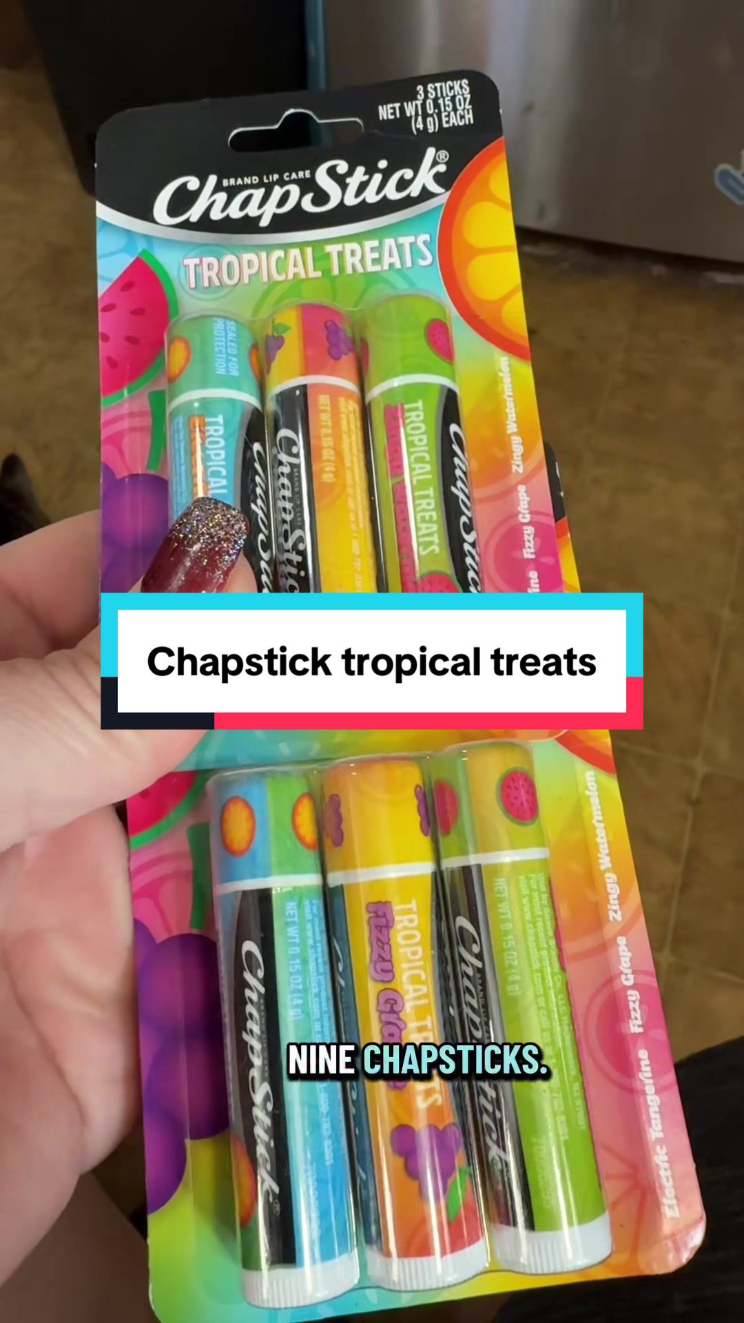 TikTok post by @paras_site_adventures for ChapStick. Caption reads: @ChapStick.US tropical treats are my new favorites....