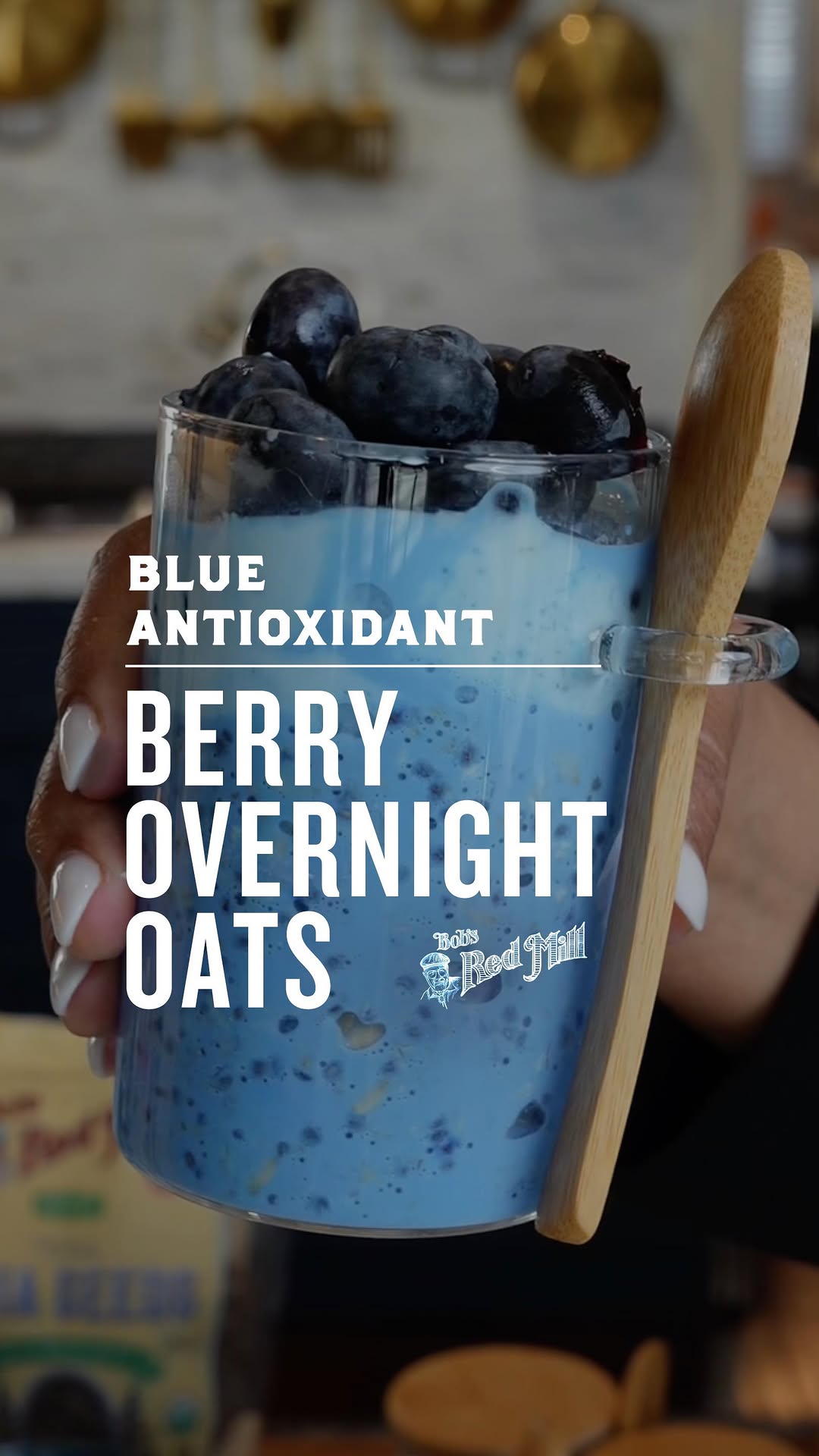 Instagram post by @mymanabites for Bob's Red Mill. Caption reads: Blue Antioxidant Berry Overnight Oats, made with....