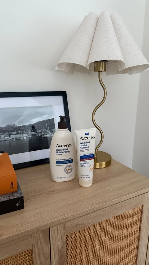 Instagram post by @_withsarah for Aveeno. Caption reads: comfy matching sets & @aveenous skincare on repeat....