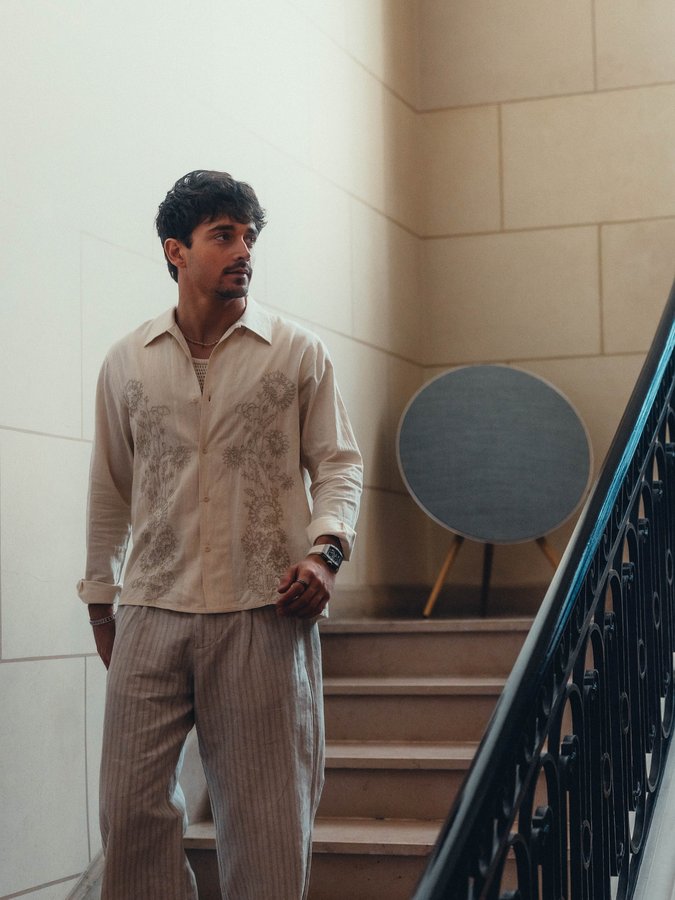 Instagram post by @charles_leclerc for Bang & Olufsen. Caption reads: A quick home reset, tuned just right. Ready for....