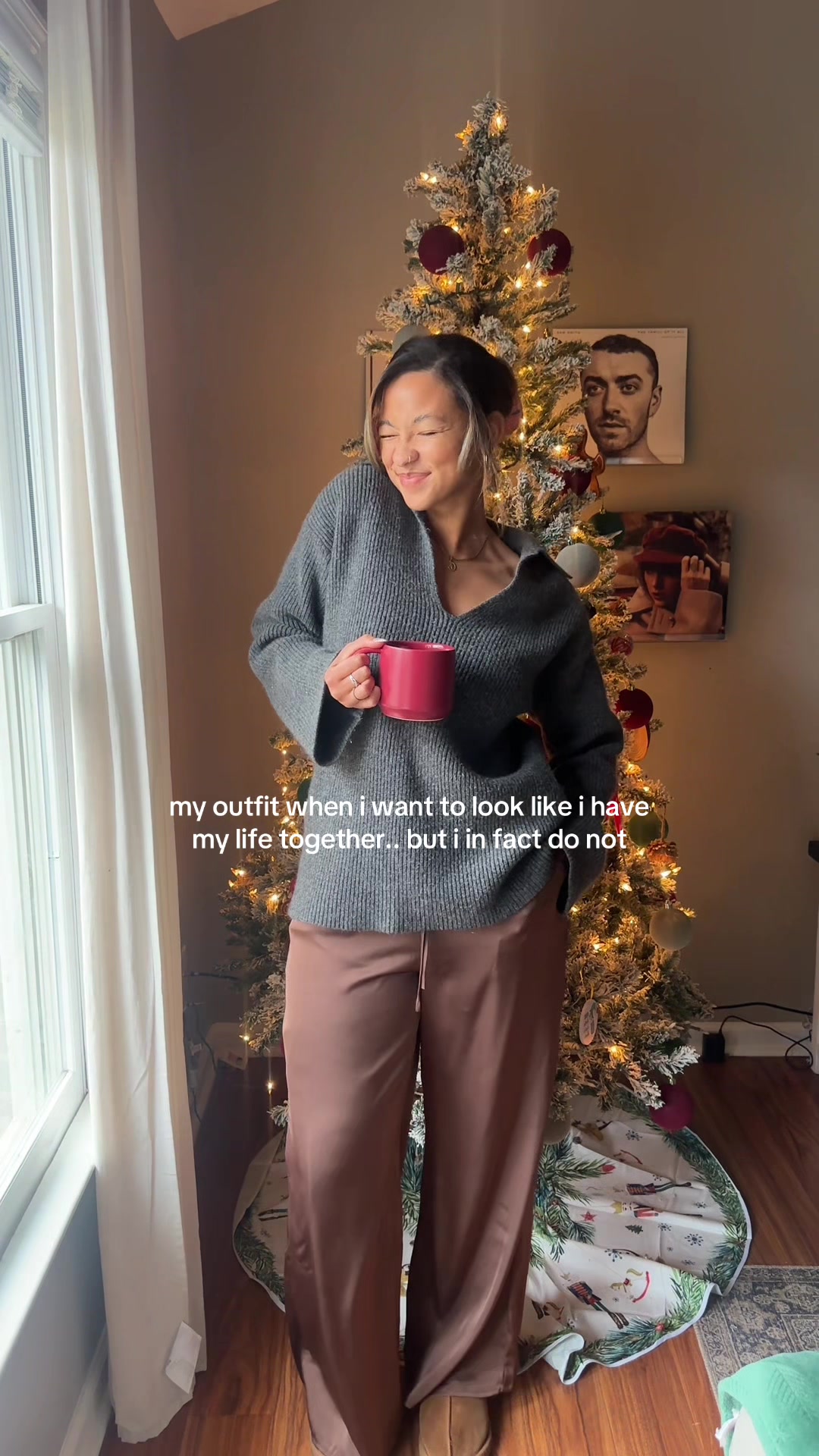 TikTok post by @jrdn_jns for 12th Tribe. Caption reads: sweater: @H&M satin pants: @12TH TRIBE shoes:....