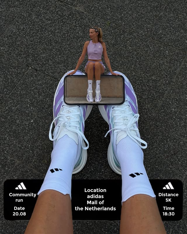 Instagram post by @tanya_kaizen for adidas Running. Caption reads: Save the date & join us for a 5K community run....