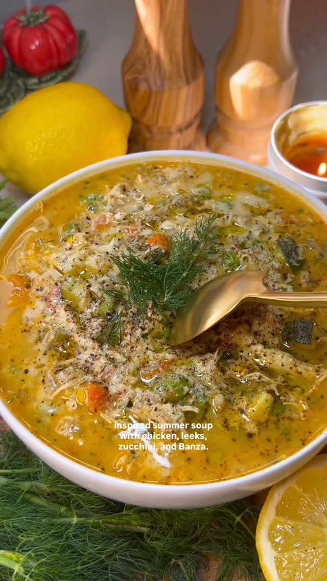 Instagram post by @heresyourbite for Banza. Caption reads: Avgolemono-Inspired Summer Soup with Leeks,....