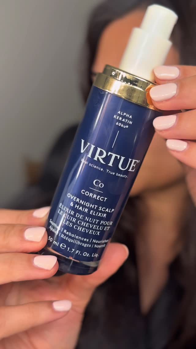 Instagram post by @lookwhoshira for Virtue Labs. Caption reads: My low-maintenance hair routine bc I still have to....