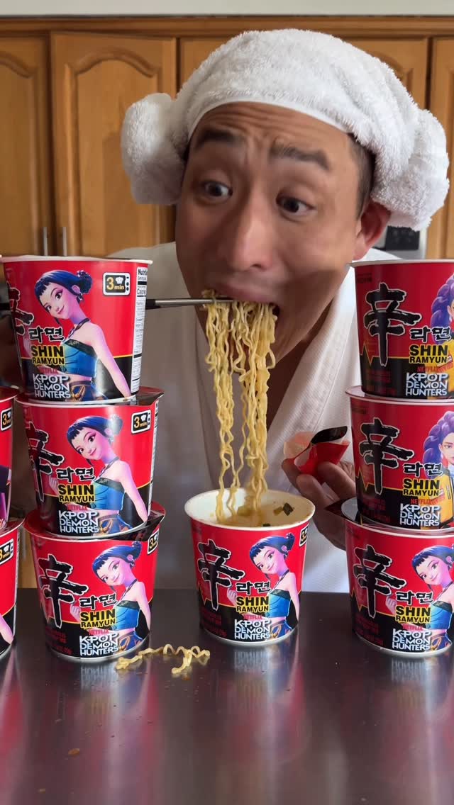 Instagram post by @thecrunchbros for Nongshim USA. Caption reads: Huntrix Ramyun Cups!!! We threw a Kpop Demon....