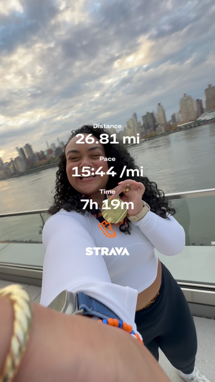 Instagram post by @its.avelyn for Strava. Caption reads: New York City owes me nothing. 26.2 miles through....