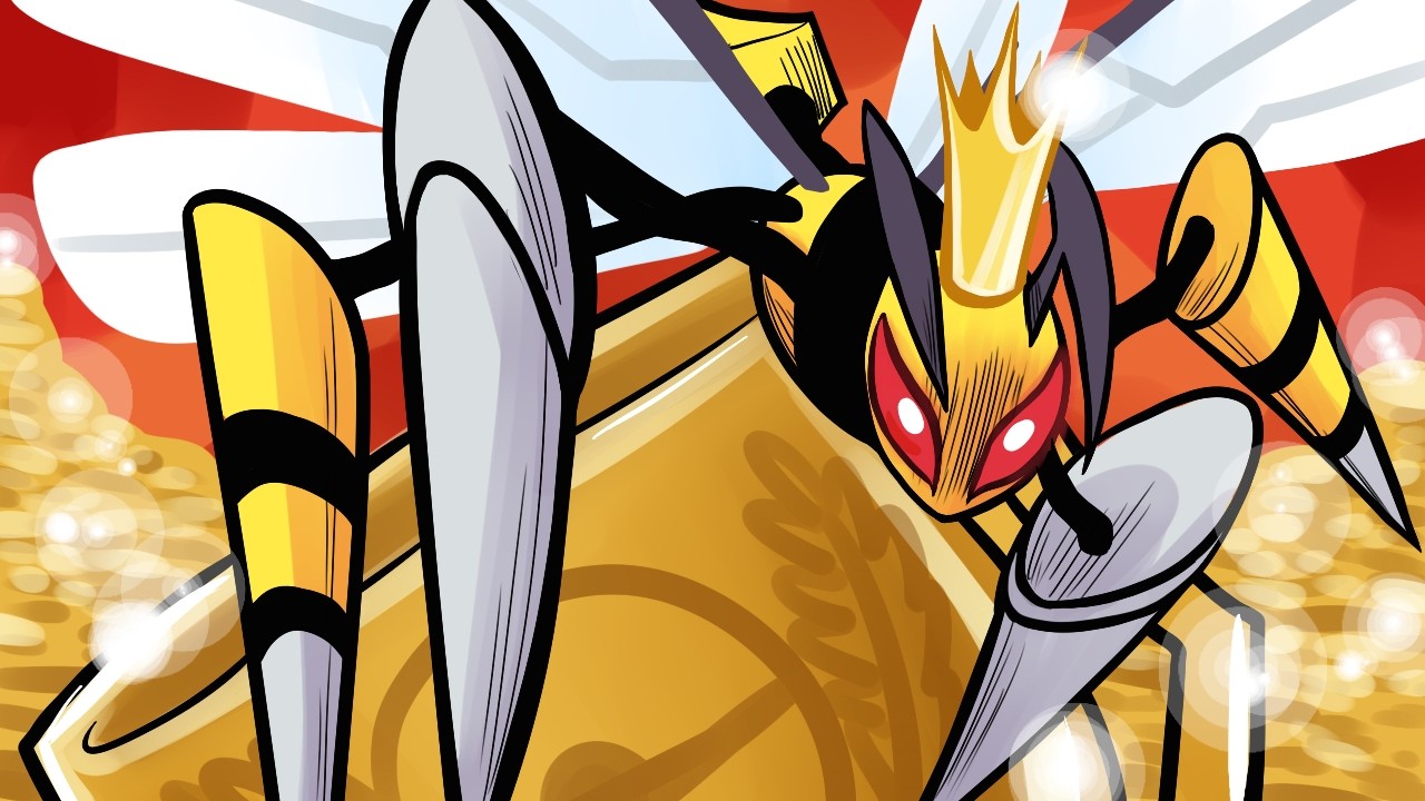 YouTube post by @pokeaimmd for ADVANCEDgg. Caption reads: So I tried the Pinkacross Rank 1 Mega Beedrill....