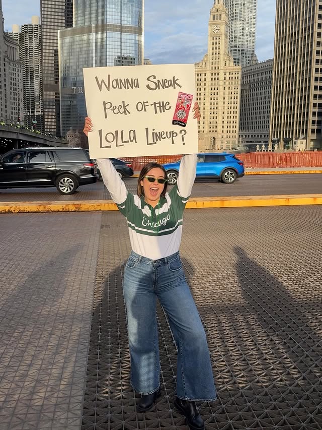 Instagram post by @kayleejochicago for Lollapalooza. Caption reads: Find the girl with the Lolla sign 👀 @lollapalooza....