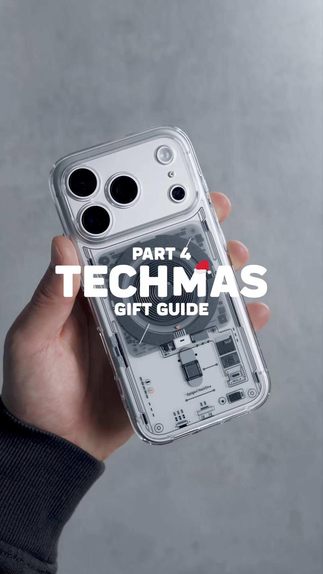 TikTok post by @nicomueckay for Spigen. Caption reads: Techmas Gift Guide @Spigen  🔗 is in my bio  #Tech....
