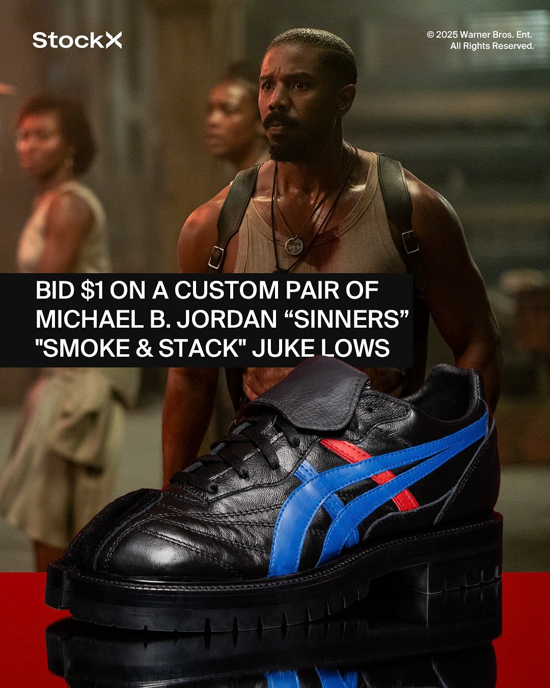 Instagram post by @michaelbjordan for Stockx. Caption reads: Michael B. Jordan “Smoke & Stack” Juke Low
With....