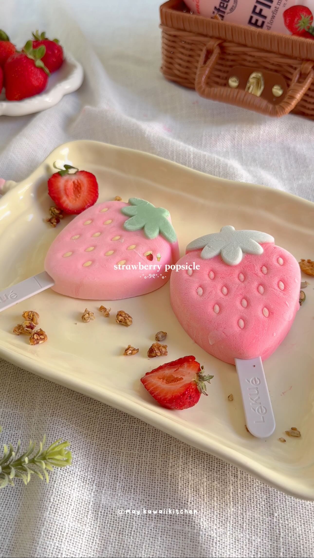 Instagram post by @may.kawaiikitchen for Lifeway Foods. Caption reads: Strawberry Kefir Popsicles 🍓🍦

When the summer....