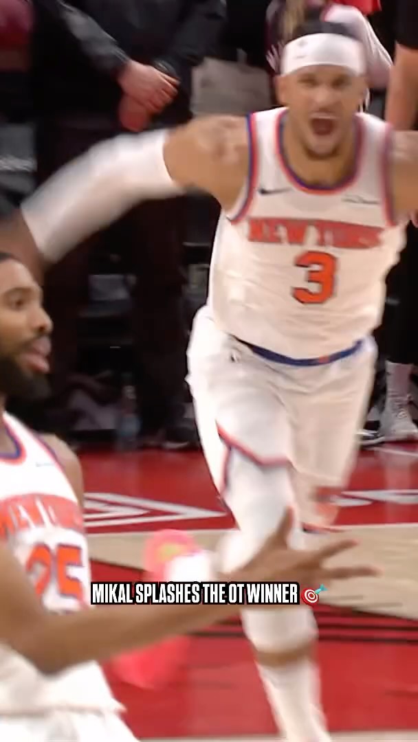 Instagram post by @nyknicks for TISSOT. Caption reads: 👀 @mikalbridges’ IMPRESSIVE pull up three for the....
