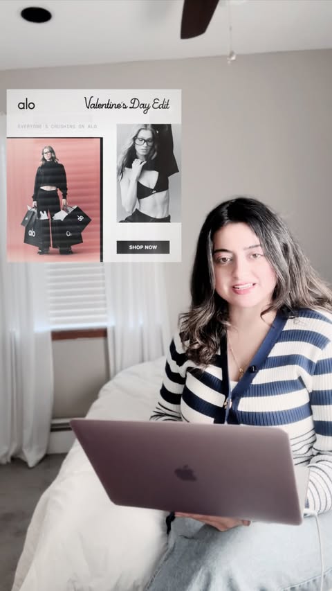 Instagram post by @miladafinds for Alo Yoga. Caption reads: @alo Valentine’s Day edit has officially caught my....