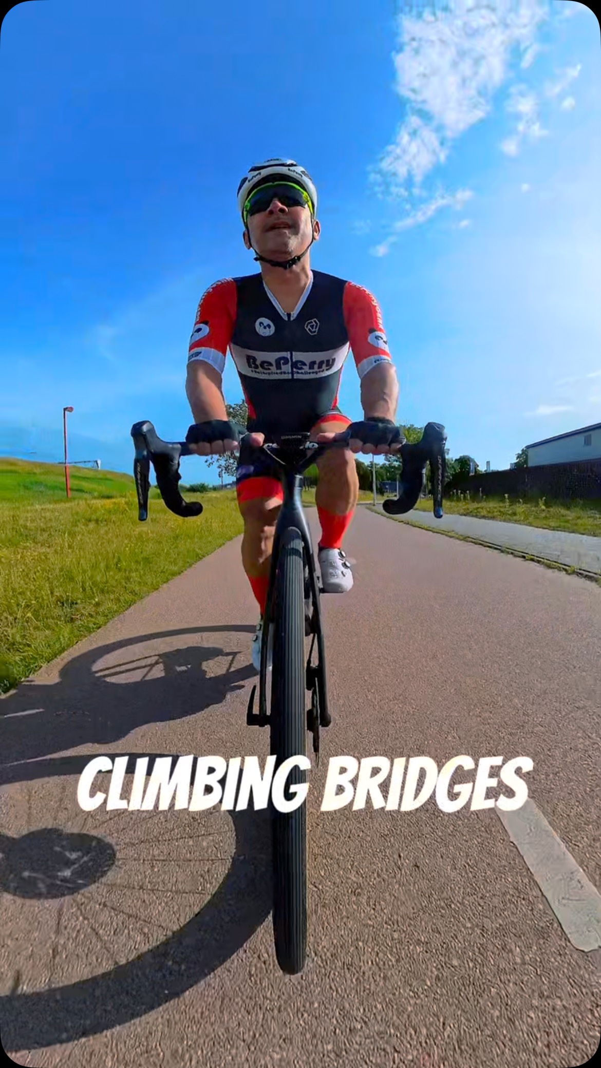 Instagram post by @beinspired.bechallenged for Oakley. Caption reads: Climbing Bridges on a Sunny Morning Ride....
