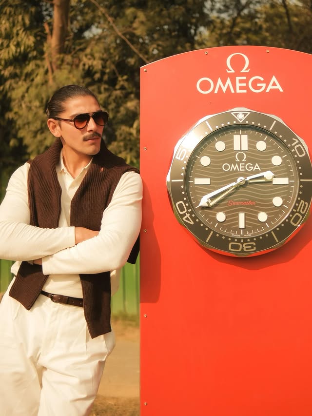 Instagram post by @vinayxparmar for Mercedes-Benz. Caption reads: [...] — you stand with time itself. @omega....