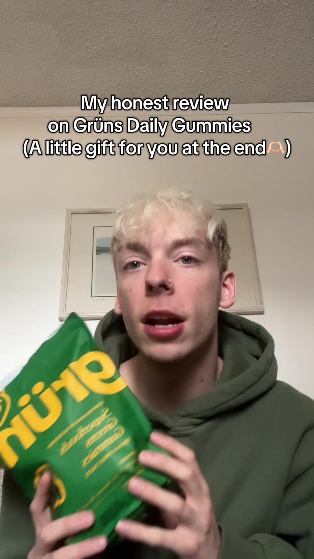 TikTok post by @thatblondeboywes for Grüns. Caption reads: Link in bio to get your first @Grüns bag 45% off....