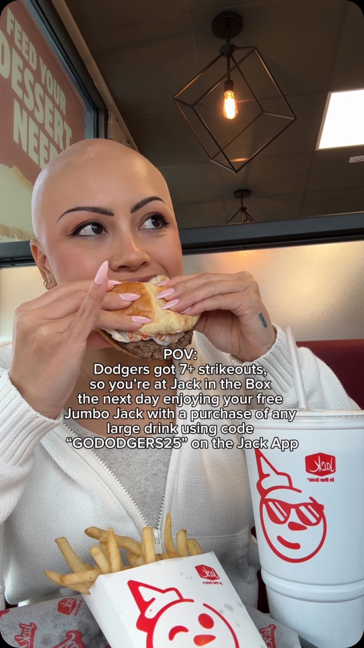 Instagram post by @janemukbangs for Jack In The Box. Caption reads: #ad my go-to @jackinthebox meal when the @dodgers....