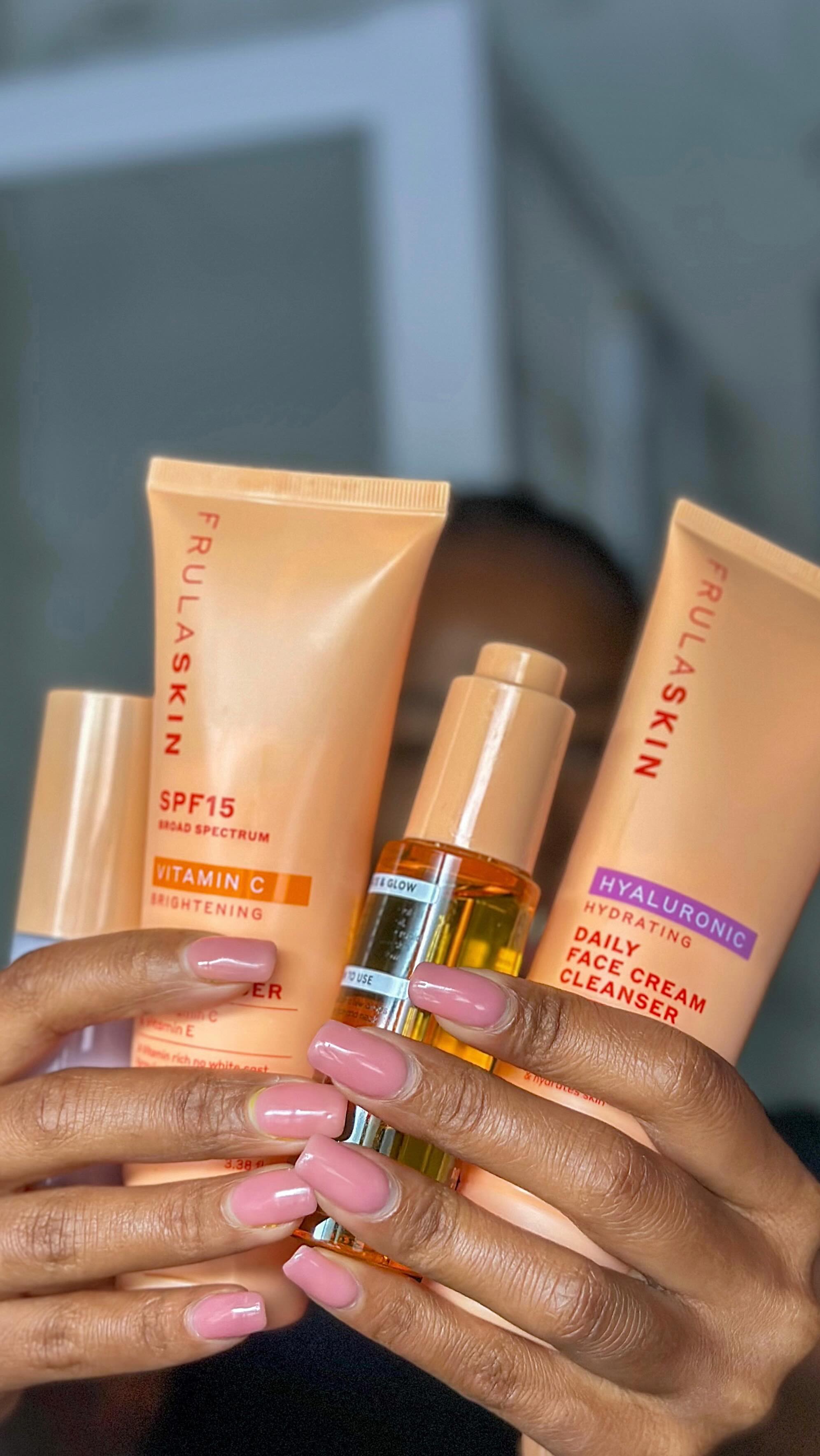 Instagram post by @riinae.ee for Frulabeauty. Caption reads: [...] bright, and radiant 🌸🍊💧 #skincare....