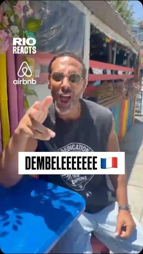 Instagram post by @rioferdinandpresents for Airbnb. Caption reads: Dembélé's Hat-trick! Rio Reacts from Venice Beach....