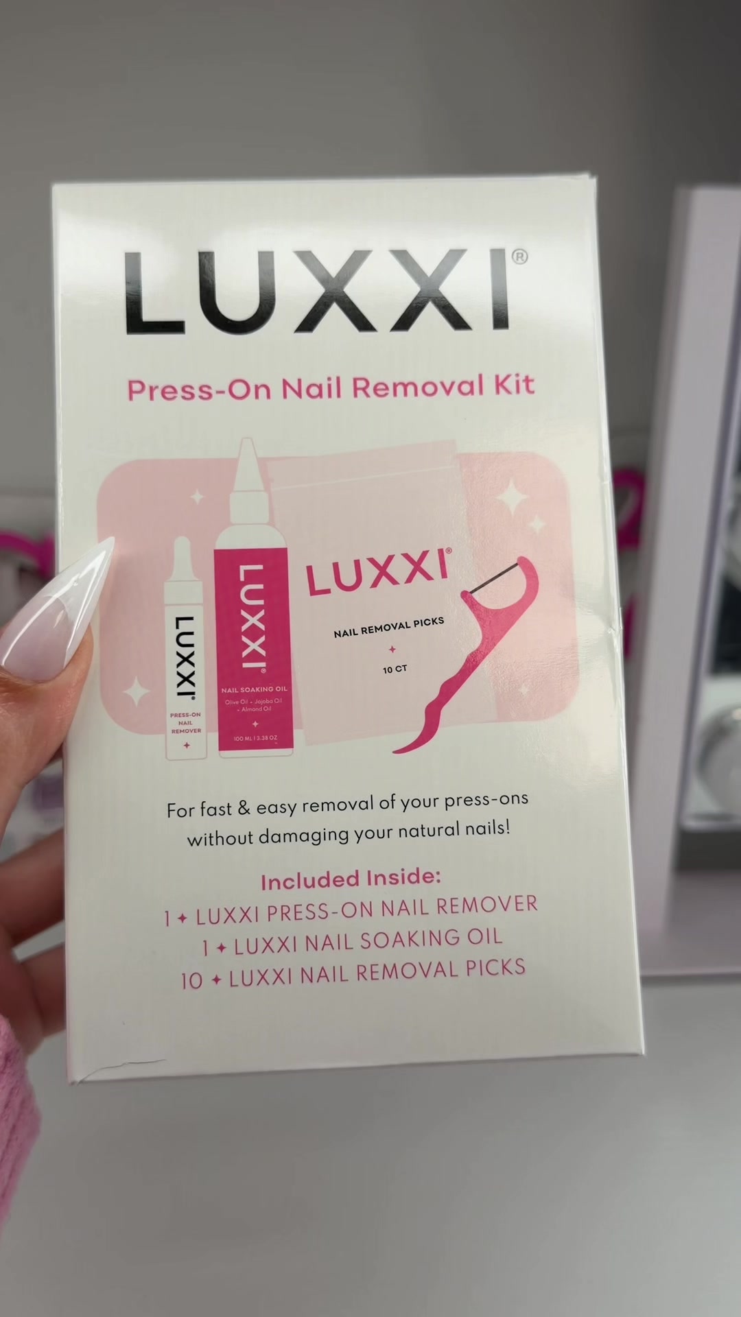 TikTok post by @mrs.manicure for Luxxi Nails. Caption reads: Press on nail removal on easy mode 🤭 @LUXXI NAILS....