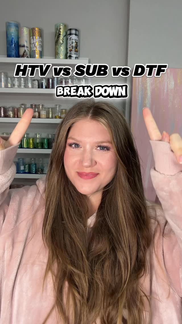 Instagram post by @simplysnowdesign for Creative Fabrica. Caption reads: HTV, Sublimation, or DTF? 🤔 We’re breaking down....