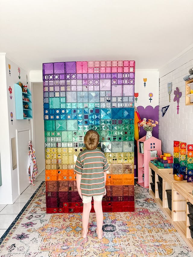 Instagram post by @tinkeringwithtwo for Connetix Tiles. Caption reads: All Ted wanted to do once Tilly was napping was....